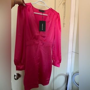 Long sleeve satin hot pink dress